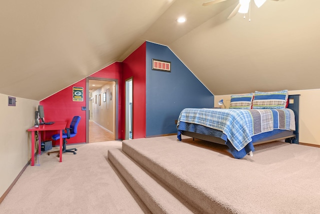 bedroom featuring ceiling fan, baseboards, lofted ceiling, carpet flooring, and recessed lighting