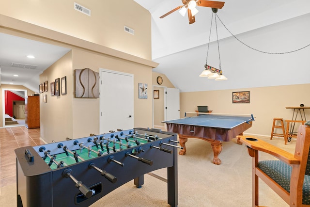 playroom with visible vents, baseboards, a ceiling fan, and vaulted ceiling