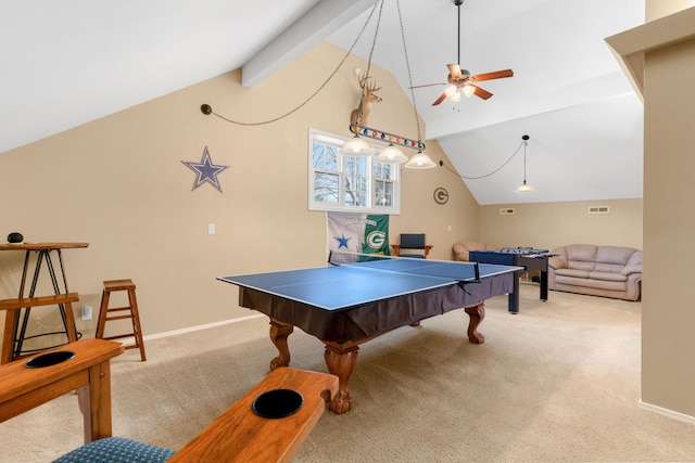 game room featuring light carpet, visible vents, vaulted ceiling with beams, and baseboards