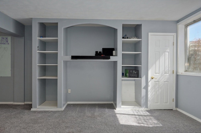 interior space featuring baseboards, carpet floors, and built in shelves