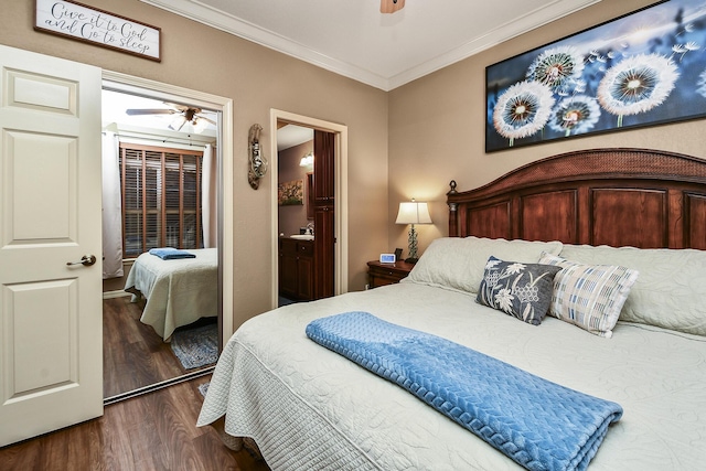 bedroom featuring ensuite bathroom, a ceiling fan, ornamental molding, and dark wood finished floors