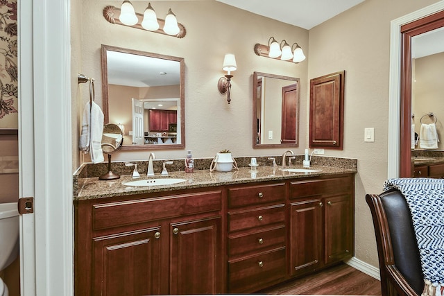 bathroom with a sink, toilet, wood finished floors, and double vanity