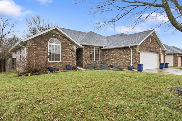 single story home with driveway, roof with shingles, a front lawn, a garage, and brick siding