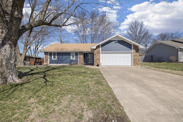 ranch-style house featuring fence, concrete driveway, a front yard, a garage, and brick siding