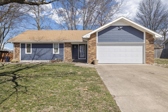 single story home with brick siding, a shingled roof, a front yard, a garage, and driveway