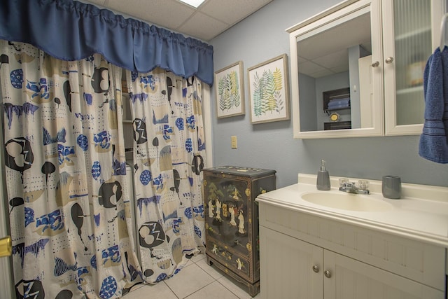 28007 Fox Fire Ln, Shell Knob, MO 65747 - bathroom with a drop ceiling, vanity, tile patterned floors, and a shower with curtain