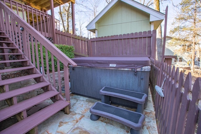 28007 Fox Fire Ln, Shell Knob, MO 65747 - wooden deck featuring a hot tub, stairs, and a patio area