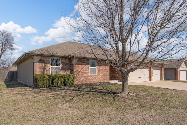 ranch-style house featuring brick siding, an attached garage, a front lawn, fence, and driveway