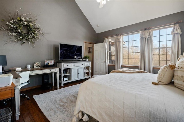 bedroom with high vaulted ceiling, wood finished floors, and a ceiling fan