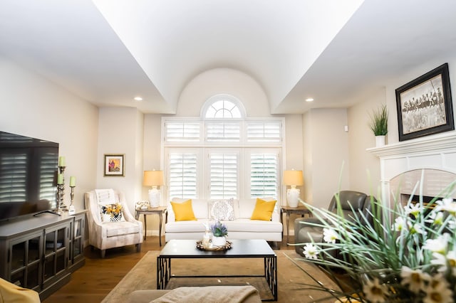 living area with a fireplace, vaulted ceiling, recessed lighting, and wood finished floors