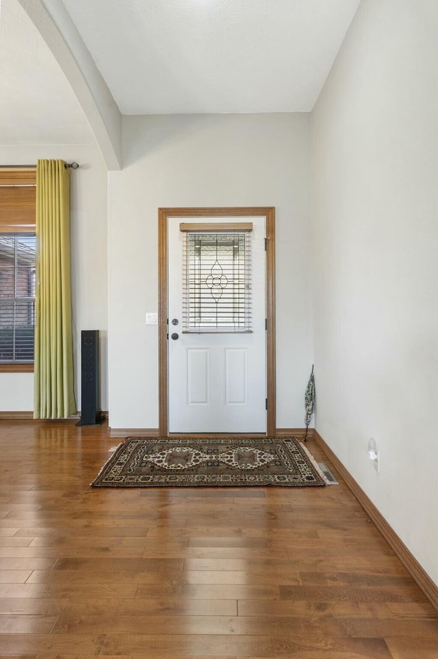 foyer with a healthy amount of sunlight, baseboards, and wood-type flooring