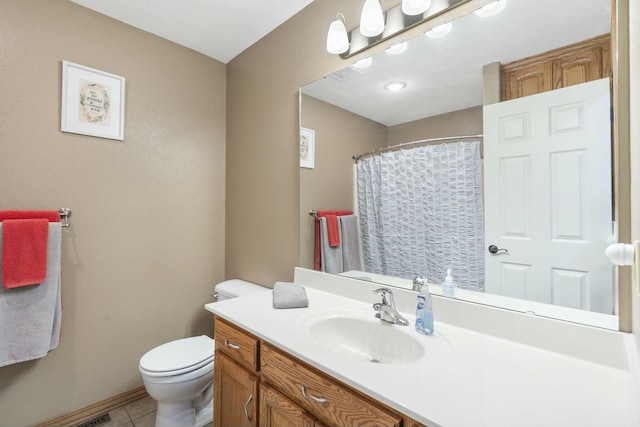 full bath with a shower with shower curtain, toilet, vanity, and tile patterned flooring