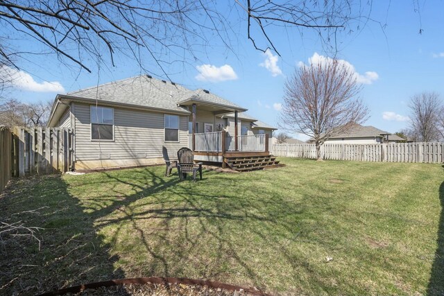 back of house featuring a lawn, a wooden deck, a fenced backyard, and roof with shingles