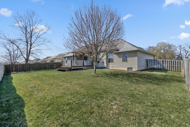 view of yard with a wooden deck and a fenced backyard