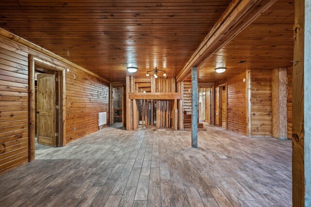 unfurnished living room with wooden ceiling, wood finished floors, and wood walls