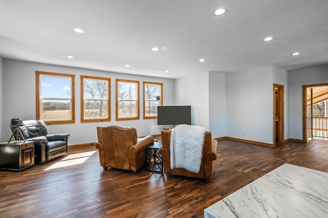 living area featuring recessed lighting, baseboards, and wood finished floors