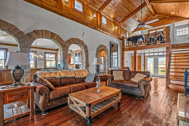 living room featuring plenty of natural light, wooden ceiling, french doors, and wood-type flooring