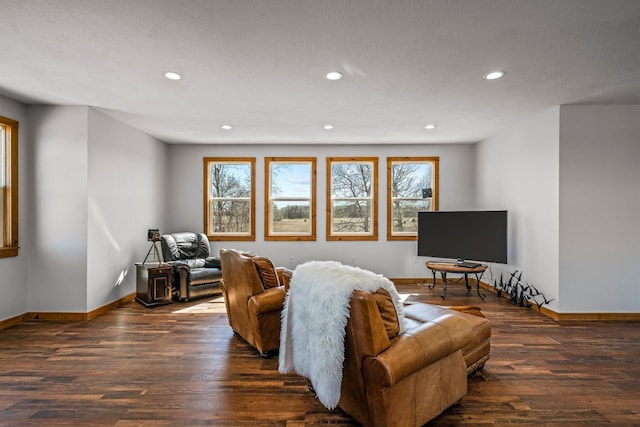 living room with recessed lighting, baseboards, and wood finished floors