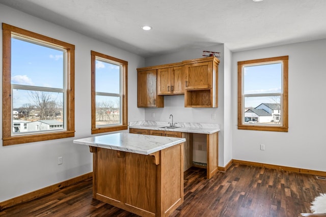 kitchen featuring dark wood finished floors, plenty of natural light, baseboards, and a sink