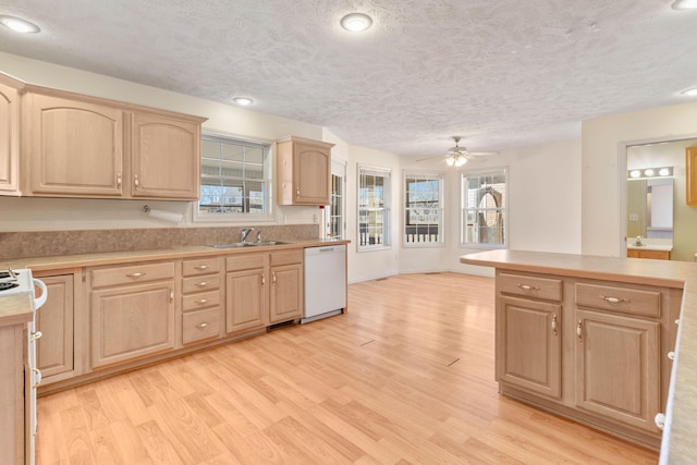 kitchen with light brown cabinetry, dishwasher, light wood-style floors, and a sink