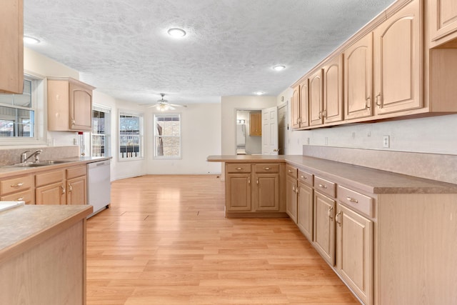 kitchen featuring light brown cabinetry, a sink, light wood-style floors, and white dishwasher