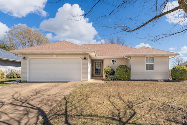 single story home featuring a garage, concrete driveway, a front lawn, and a shingled roof