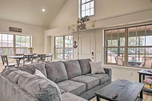 living area featuring a wealth of natural light and high vaulted ceiling