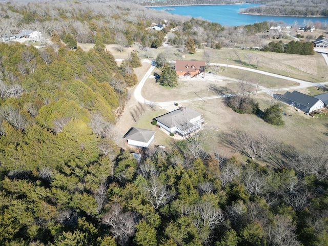 drone / aerial view featuring a view of trees and a water view