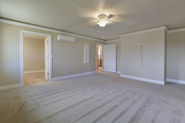 unfurnished room with a wall unit AC, baseboards, ceiling fan, ornamental molding, and light colored carpet