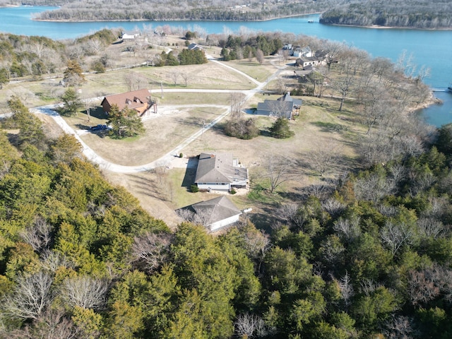 drone / aerial view featuring a water view