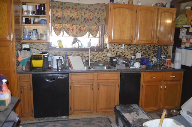 kitchen with brown cabinetry, decorative backsplash, black dishwasher, and a sink