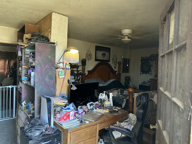 home office featuring carpet flooring, electric panel, and a ceiling fan