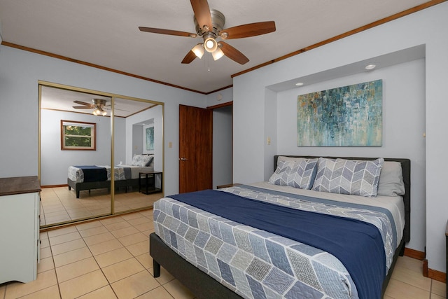 bedroom featuring ceiling fan, baseboards, light tile patterned flooring, and ornamental molding