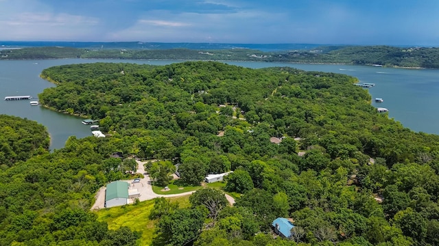 aerial view featuring a water view and a wooded view