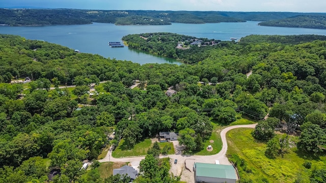 drone / aerial view with a view of trees and a water view