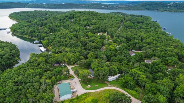 drone / aerial view with a water view and a view of trees