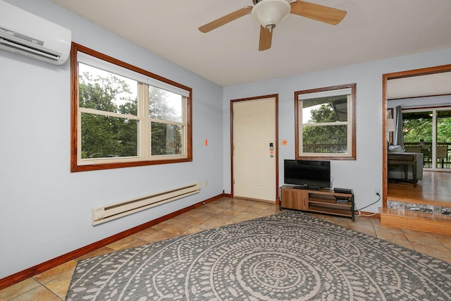 tiled foyer with a baseboard radiator, baseboards, a ceiling fan, and a wall mounted AC