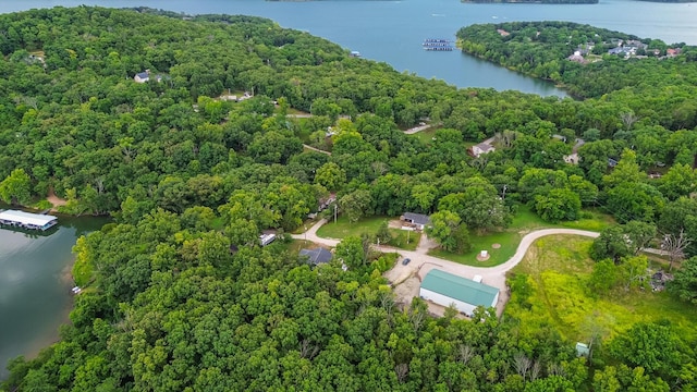 bird's eye view with a wooded view and a water view