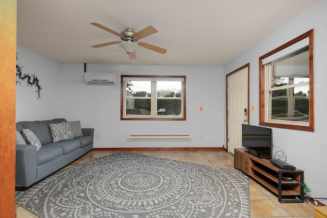 living room featuring tile patterned flooring, ceiling fan, baseboards, a wall mounted air conditioner, and a baseboard radiator