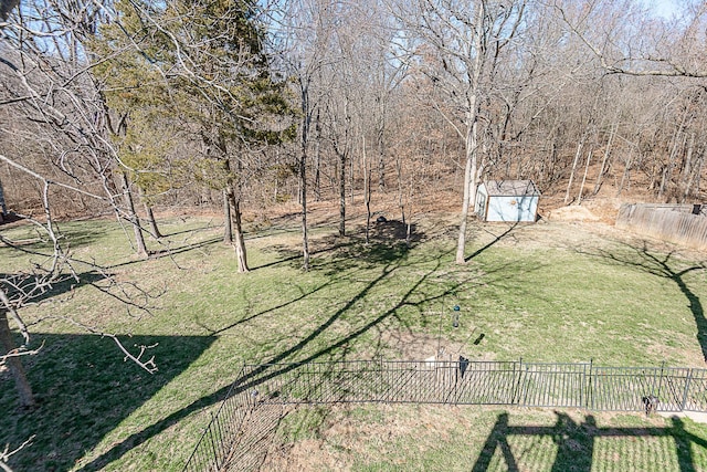 view of yard featuring a storage unit, an outdoor structure, and fence