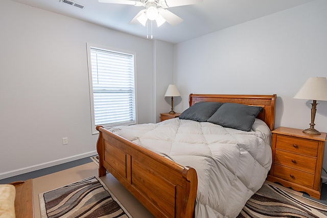 bedroom with a ceiling fan, baseboards, and visible vents