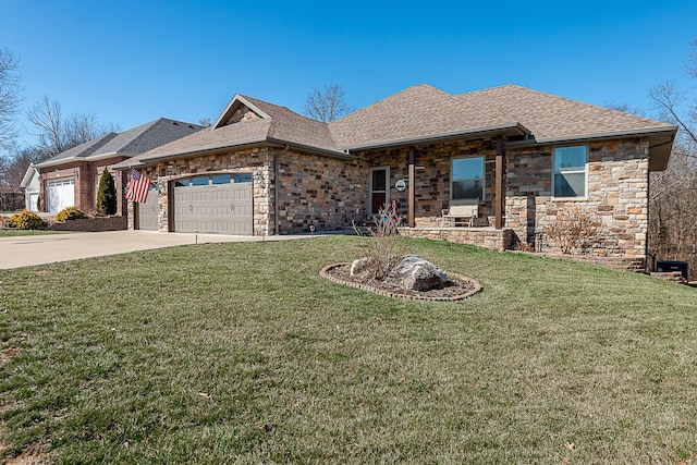 ranch-style house featuring a front lawn, concrete driveway, a garage, and a shingled roof