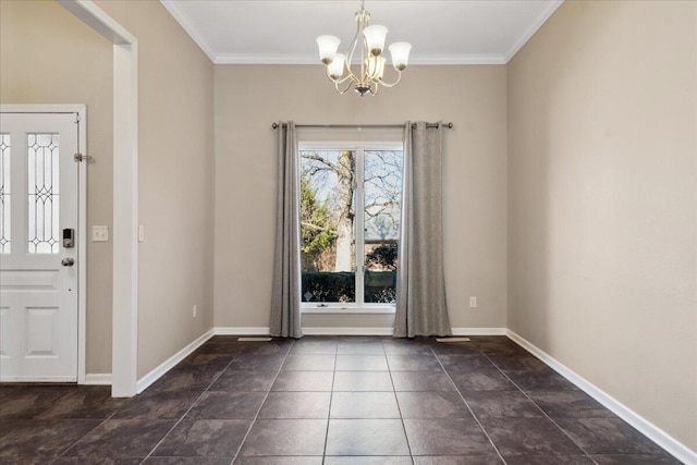 interior space with a chandelier, crown molding, and baseboards