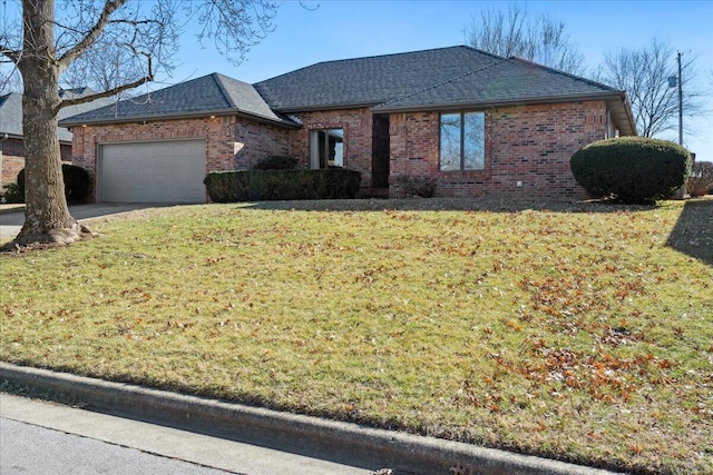 single story home with a garage, brick siding, roof with shingles, and a front yard