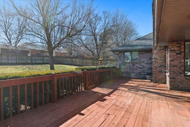 wooden deck with a yard and a fenced backyard