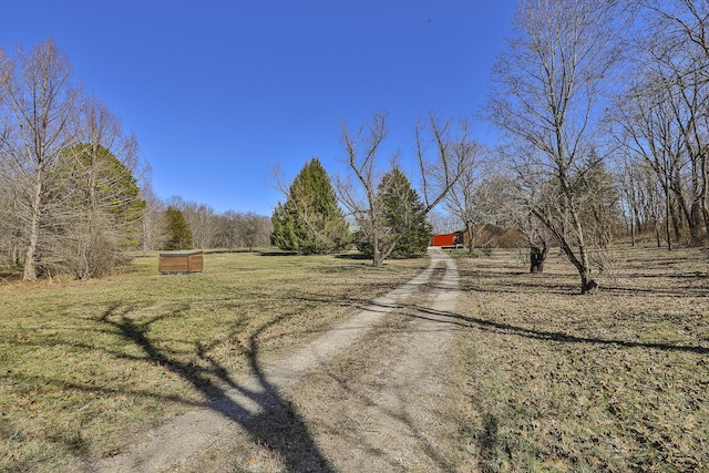 view of street with a rural view and dirt driveway