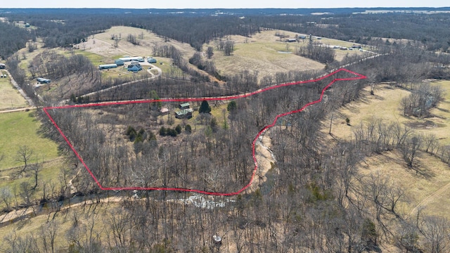 drone / aerial view featuring a forest view and a rural view