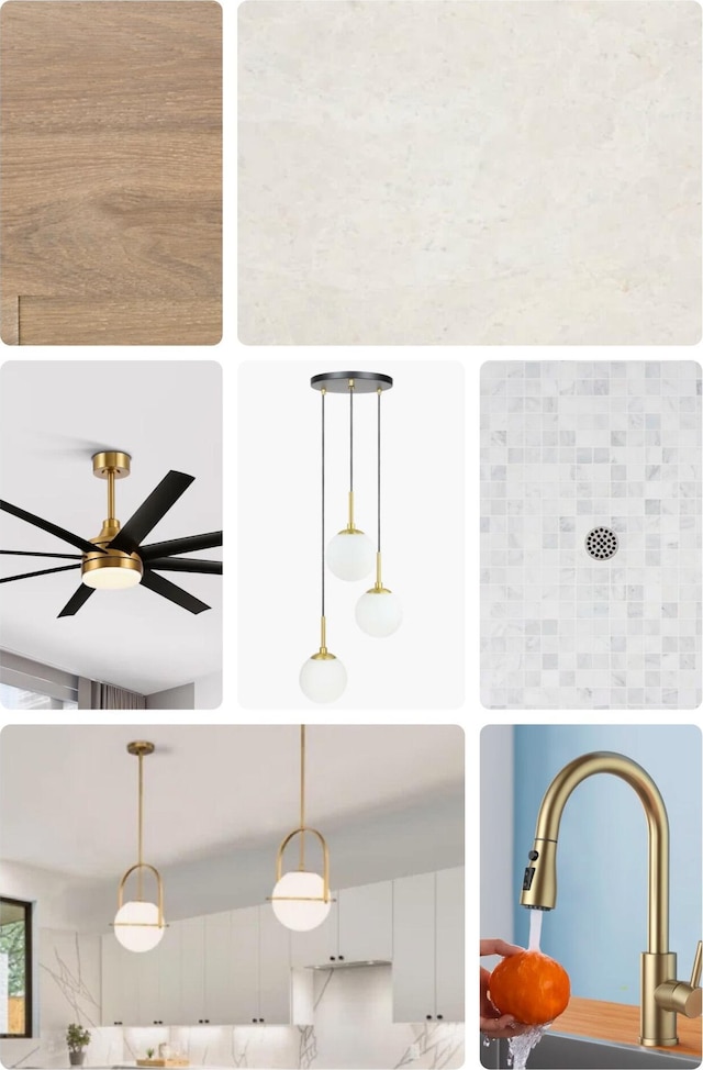 details with a sink, pendant lighting, white cabinets, and a ceiling fan