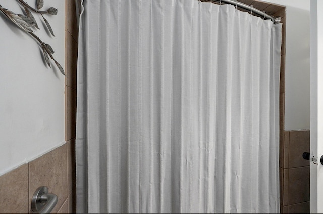 room details featuring a wainscoted wall and a shower with curtain