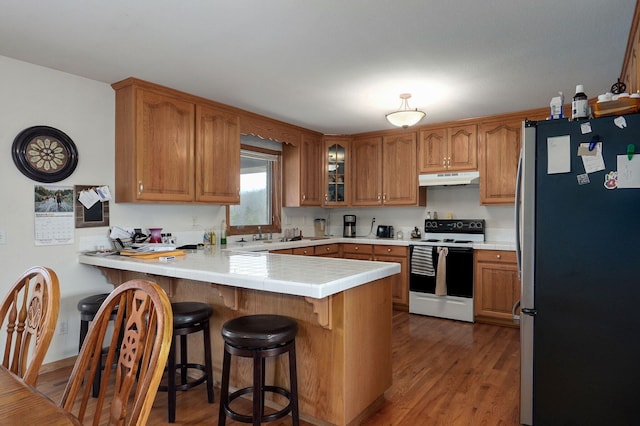 kitchen featuring under cabinet range hood, electric range oven, a peninsula, freestanding refrigerator, and wood finished floors